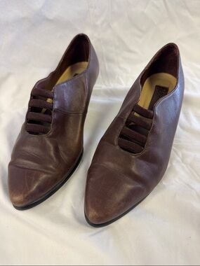 Pointed Toe Brown Leather Slip-On Heels